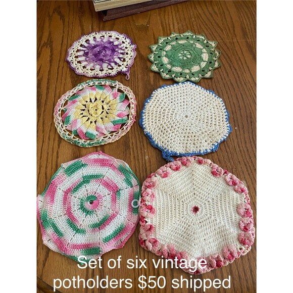 Vintage Hand Crocheted Pot Holders Trivets Rosettes Set of 6
